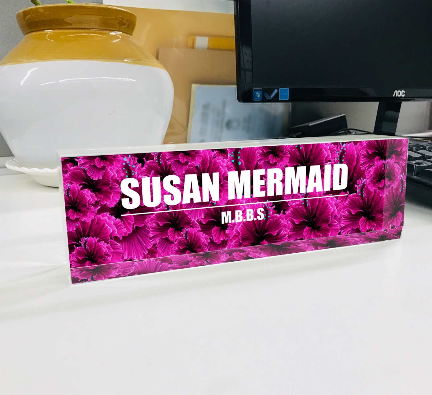 Premium Customize Acrylic Desk Name Plate Beautiful Flower Design Ooclas