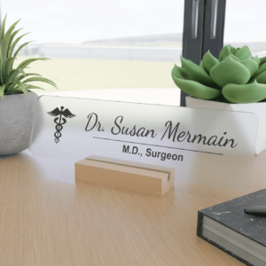 Custom Doctor Name Plate – Matte Acrylic Desk Nameplate with Wooden Stand