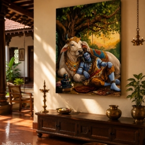 Lord Shiva with Nandi Glossy Effect Canvas Print Wall Art