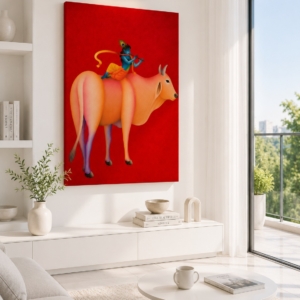 Shree Krishna with Cow UV Effect Canvas Print Wall Art