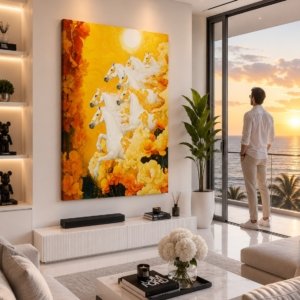 Royal 7 Horses Glossy Varnish Effect Canvas Print Wall Art