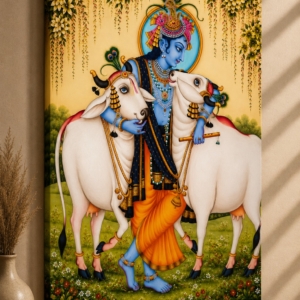 Lord Krishna with Cow Glossy Effect Canvas Print Wall Art