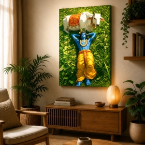 Divine Krishna With Cow UV Effect Wall Art Canvas