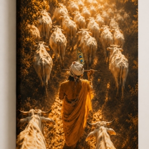Shree Krishna with Cows Glossy Effect Canvas Print Wall Art