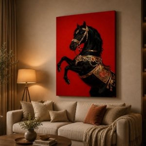 Royal Black Horse Glossy Varnish Effect Canvas Print Wall Art