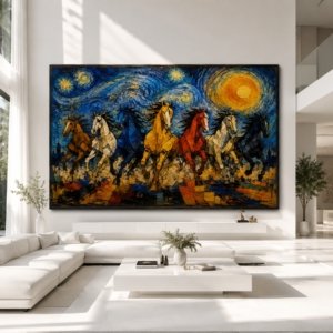 Royal Multi Color 7 Horses Glossy Effect Canvas Print Wall Art