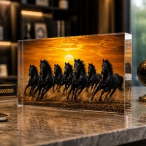 Black 7 Horses Vastu Acrylic Showpiece 30MM Thick 12 X 6 Inch