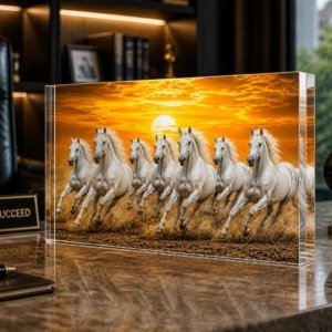 White 7 Horses Vastu Acrylic Showpiece 30MM Thick 12 X 6 Inch